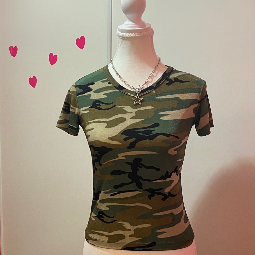 Y2K 90s Cropped Camo Short Sleeve Top Baby Tee